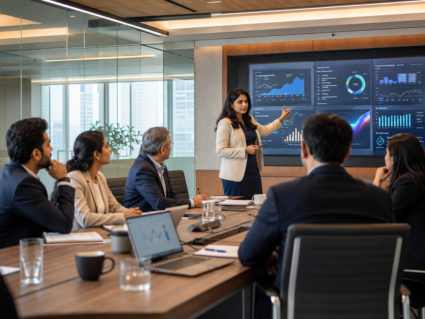 Consulting leaders reviewing client capability dashboards